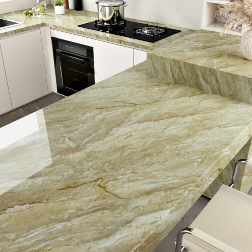 Beige Green Marble Contact Paper for Countertops Waterproof Glossy Marble Wallpaper 17.7" x 315" Removable Self Adhesive Granite Contact Paper for Kitchen Bathroom Cabinets Counter Top Covers - size: 17.7" x 315"