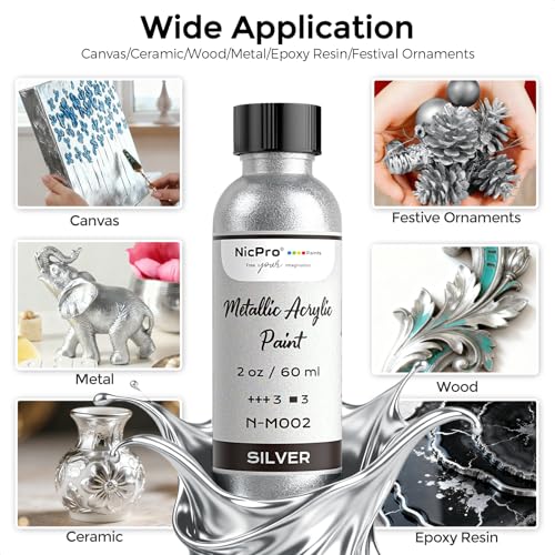 Nicpro Silver Leaf Paint - 2oz/60ml Metallic Silver Acrylic Paint - color: Silver