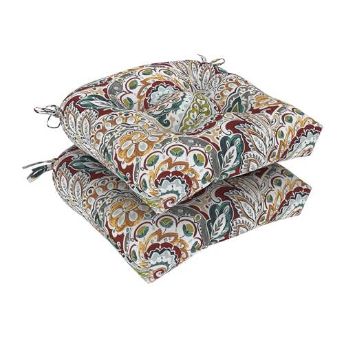 DYTXIII Set of 2 Outdoor Chair Cushions 19"x19"x4", Water Repellent Tufted Patio Seat Cushions with Ties, Thick Replacement Pads for Wicker Dining Chairs, Patio Furniture, Paisley Chilli - color: Paisley Chilli