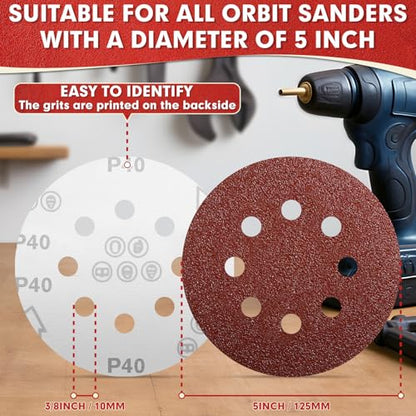 JTIEO 5 Inch Sanding Discs – 180 PCS Sandpaper Assortment for Orbital Sander Pads, Hook & Loop Sanding Pads, Round Sanding Disc Set for Random Orbital Sanders 40 60 80 120 150 240 320 400 600 Grit - style: Mix Grit-180pcs