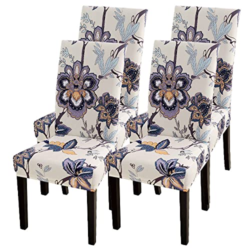 SearchI Dining Room Chair Covers Set of 4, Stretch Printed Floral Parsons Chair Slipcovers Spandex Removable Washable Kitchen Chair Protector Cover for Dining Room, Hotel, Ceremony (Beige+Flower) - color: Beige+flower, size: Set of 4