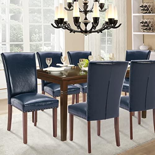 Parsons Dining Chairs Set of 4, Upholstered Nailhead PU Leather Dining Room Kitchen Side Chair with Thick Cushions and Wood Legs, Blue - color: Blue, size: set of 4