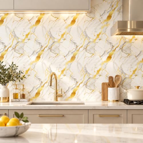 Peel and Stick Kitchen Backsplash Tiles 16PCS – Waterproof Self Adhesive Wall Stickers, Easy DIY Stick On, Heat Resistant Decorative Wall Covering (Calacatta Gold Foil) - color: Calacatta Gold Foil