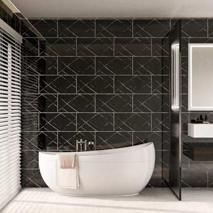 Marble Peel and Stick Backsplash 23.6 x11.8 in, 10PCS - color: Black-Striped Marble