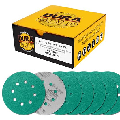 Dura-Gold 5" Green Film Sanding Discs, 60 Grit, 8-Hole, Box of 50, H & L - style: 60 Grit