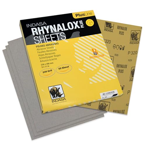 Indasa 50 PCS 9x11 Sandpaper Rhynalox Plusline - 220 Grit Dry Sanding Sheets, Professional-Grade Abrasive for Wood, Metal, Automotive, and Paint Finishing - Durable, Clog-Resistant Sand Paper - size: 220 GRIT 9x11" Rhynalox