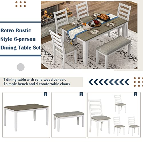 Dining Table Set with 4 Chairs and Bench, 6-Piece, Brown/Whitewash - color: Brown+whitewash