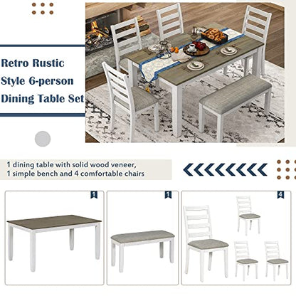 Dining Table Set with 4 Chairs and Bench, 6-Piece, Brown/Whitewash - color: Brown+whitewash