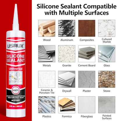 LISRUX Supreme Silicone Caulk for Kitchen & Bathroom, White, 10 fl oz Cartridge, 4 Pack - 100% Waterproof Silicone Sealant, Stronger Adhesion, Shrink & Crack Proof - size: 4P