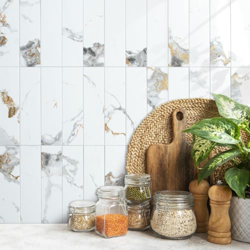 AULIGET 40-Piece Polished White Marble with Gold Peel and Stick Backsplash Wall Tiles, 3" x 12" PVC Faux Stone Stick on Tiles for Backsplash Kitchen, Bathroom, Laundry Room, Camper, Fireplace - color: Polished White Marble & Gold, size: 40 Pieces, 3"x12"x