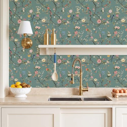 CHIHUT Bird Floral Wallpaper Peel and Stick Chinoiserie Contact Paper - color: Dusty Teal Blue, size: 17.7" x 236"
