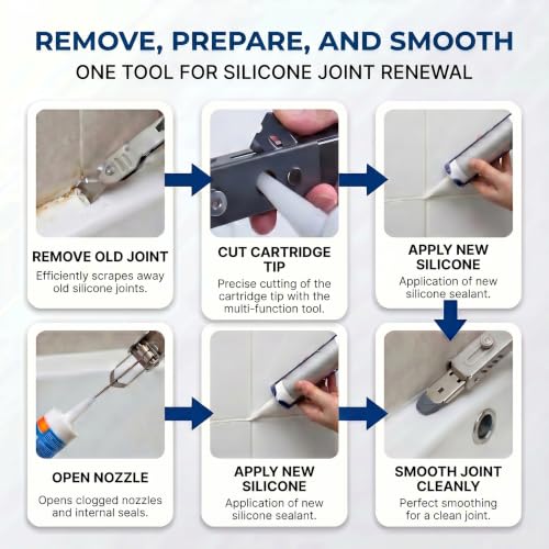 6-in-1 Caulking Tool Kit for Removing Old Caulk and Smoothing New Sealant, Stainless Steel Caulk Remover with 5 Silicone Pads for Bathroom, Kitchen, Window, Sink and Tile - color: ‎silver