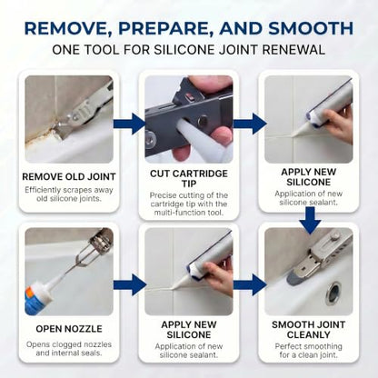 6-in-1 Caulking Tool Kit for Removing Old Caulk and Smoothing New Sealant, Stainless Steel Caulk Remover with 5 Silicone Pads for Bathroom, Kitchen, Window, Sink and Tile - color: ‎silver