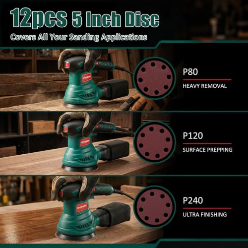 HYCHIKA 5‑Inch Random Orbital Sander, 6000‑13000 OPM, Electric Palm Sander, 6 Variable Speeds, 300W Motor with Upgraded Vacuum Dust Collector, 10 Pcs Sandpapers for Furniture Refinishing & DIY