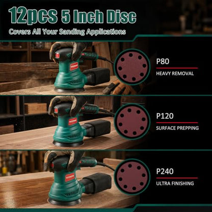 HYCHIKA 5‑Inch Random Orbital Sander, 6000‑13000 OPM, Electric Palm Sander, 6 Variable Speeds, 300W Motor with Upgraded Vacuum Dust Collector, 10 Pcs Sandpapers for Furniture Refinishing & DIY