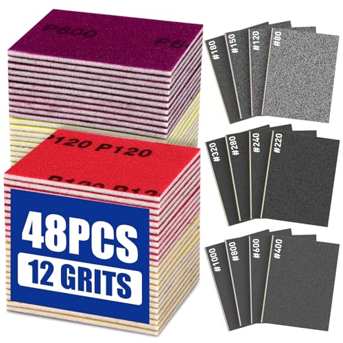 48Pcs Sanding Sponge Set, 80-1000 Grit Fine Sanding Sponges Pads, Washable Sandpaper Assortment for Wood, Drywall, Metal, Auto, Wet Dry Sandpaper for Versatile Smoothing.