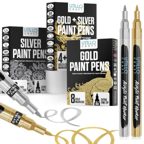 Utillo Craft Gold and Silver Paint Pens (8-Pack), 0.7mm Extra Fine Markers - color: Gold+Silver