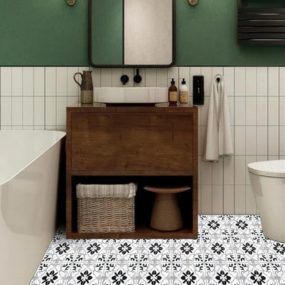 HOMETITUTE Black White Retro Peel Stick Vinyl Floor Tile 12x12 Inch - style: Black and Gray Vintage Floral