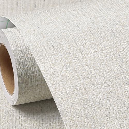 FunStick Neutral White Beige Grasscloth Wallpaper Peel and Stick Textured Faux Grass Cloth Wallpaper for Bathroom Bedroom Prepasted Removable Wall Paper Beige Contact Paper for Cabinets Walls 16"x80" - size: 78" x 15.8"