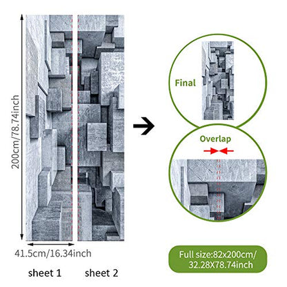 Modern Art Self Stick Vinyl Door Mural Sticker, Peel and Stick Removable Refrigerator Wrap Decal, Cube Space, 32.3x78.7, 2 Pcs Set - color: Cube Space