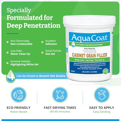 AquaCoat Water-Based White Cabinet Wood Grain Filler Gel – Fast Drying, Low Odor White Wood Filler, Sandable & Paintable for Interior & Exterior Repairs, Upgrades & Restorations – 16 oz - size: 16 Fl Oz (Pack of 1)