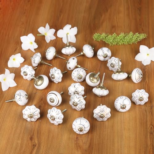 Craft Trade Decorative Ceramic Cabinet & Drawer Knobs – Kitchen Cabinet Hardware, Wardrobe, Cupboard & Dresser Pull Handles – Handmade Furniture Knobs (Off White, Set of 25) - color: Gold, style: 25