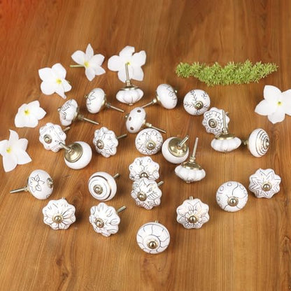 Craft Trade Decorative Ceramic Cabinet & Drawer Knobs – Kitchen Cabinet Hardware, Wardrobe, Cupboard & Dresser Pull Handles – Handmade Furniture Knobs (Off White, Set of 25) - color: Gold, style: 25