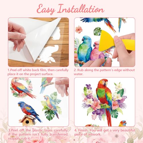 Peacoblue Parrot with Tropical Plants Rub On Transfers for Furniture 6"x12" - style: Parrot with Tropical Plants