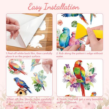 Peacoblue Parrot with Tropical Plants Rub On Transfers for Furniture 6"x12" - style: Parrot with Tropical Plants