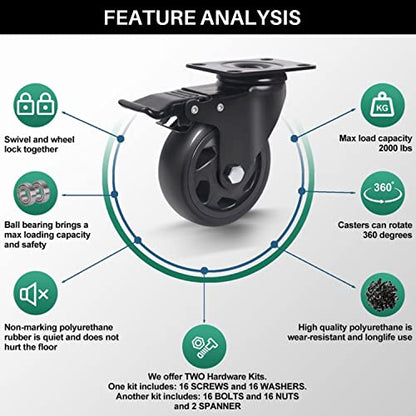 4 Inch Casters Set of 4 Heavy Duty,Heavy Duty Casters with Brake - style: 4 Inch