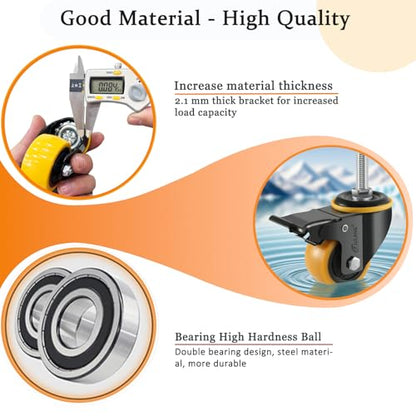 2 inch Caster Wheels 3/8" Threaded Stem Casters Set of 4 Heavy Duty - color: orange, size: 2in (3/8"-16)