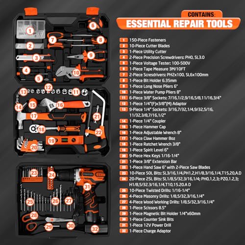 255-Piece Home Tool Kit with 12V Cordless Drill and Drawer Case