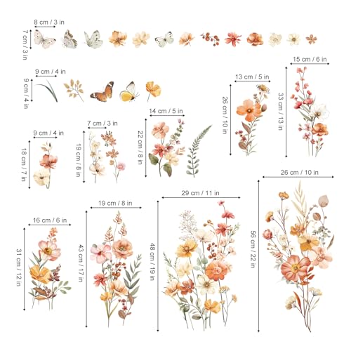 decalmile Boho Flower Garden Floral Butterflies Wall Decals Stickers - color: Wildflower