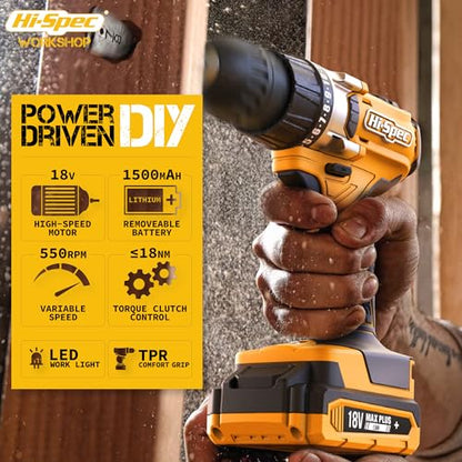 Hi-Spec 18V Cordless Drill Driver Kit with S2 Steel Bits - color: Gray