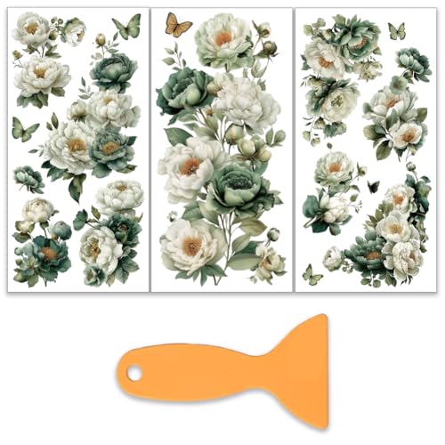 OLYCRAFT 3Pcs/set Retro Flowers Rub on Transfers for Furniture and Crafts 6x12 Inch Green Flowers Furniture Decals Decor Butterfly Transfer Sticker with 1pc Scraper for Scrapbook Window DIY Home Decor - style: Green Flower