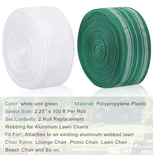 HESTYA 2 Rolls 2 1/4 Inch x 100 Feet Lawn Chair Webbing Folding Polypropylene Webbing for Outdoor Furniture Seat Repair Replacement - color: Green White, White Gray
