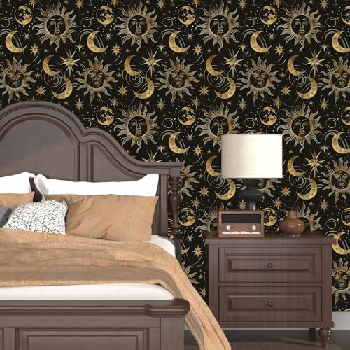 Laatse Celestial Sun Moon Wallpaper Peel and Stick 17.5"x 393",Black/Golden - color: Gold moon, size: 17.5" x 393.7"
