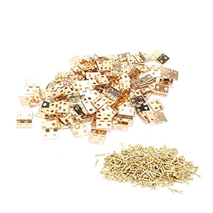 100 Pcs Mini Hinges, Small Hinges Set with 400 Pcs Screws, Tiny Hinge Retro Miniature for Miniature Furniture, Wooden Box, Jewelry Box, 0.3x0.4in (Gold)