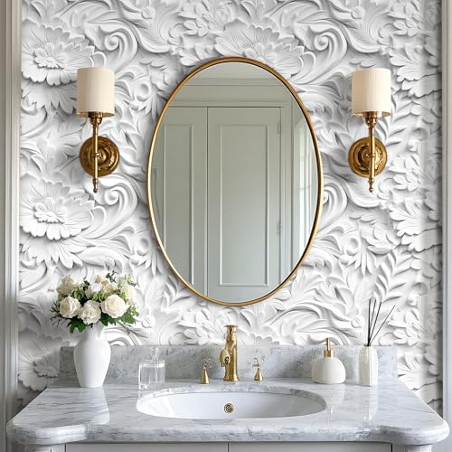White Faux 3D Embossed Floral Peel and Stick Wallpaper Removable Self Adhesive Luxury Baroque Rococo Style Plaster Effect Paintable White Wallpaper for Bedroom Cabinets Accent Wall 17.5"x80" - size: 17.5" x 80"
