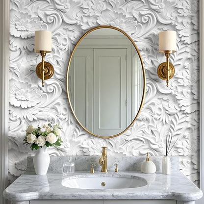 White Faux 3D Embossed Floral Peel and Stick Wallpaper Removable Self Adhesive Luxury Baroque Rococo Style Plaster Effect Paintable White Wallpaper for Bedroom Cabinets Accent Wall 17.5"x80" - size: 17.5" x 80"
