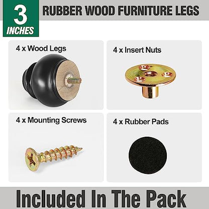 FoDau770 Rubber Wood Furniture Legs 3 Inch, Black Couch Legs, 4pcs - color: Black, size: 3 Inch