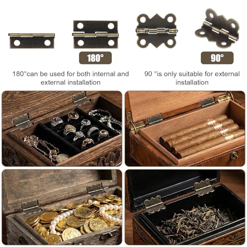 72 Sets Retro Jewelry Box Hinges and Latches with Matching Screws Kit, Small Bronze Brass Latch Hinges for Wooden Jewelry Box and Decorative Cabinet(Catch*24 + Hinges*48)