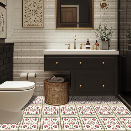 HOMETITUTE Red Rose Colorful Border Floor 12in Vinyl Tile - color: Red