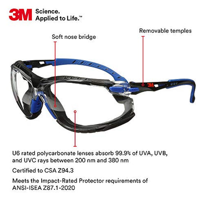3M Safety Glasses, Solus 1000, Scotchgard Clear Lens, Blue/Black Frame - style: Clear Lens, Blue/Black Frame With Gasket