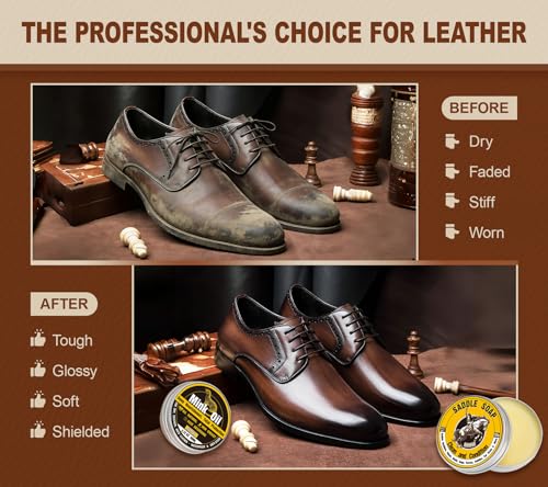 Leather Boot Care Kit, Mink Oil & Saddle Soap for Leather Cleaning & Leather Boots, 6-in-1 Leather Shoe Care Kit