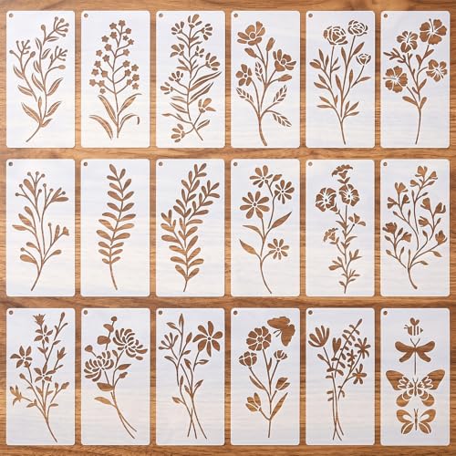 18 Sheet Flower Stencils for Painting on Wood, Flower Crafting Drawing Templates Reusable, Wildflower Large Floral Stencils for Walls Wood DIY Crafts Home Decor Furniture Art