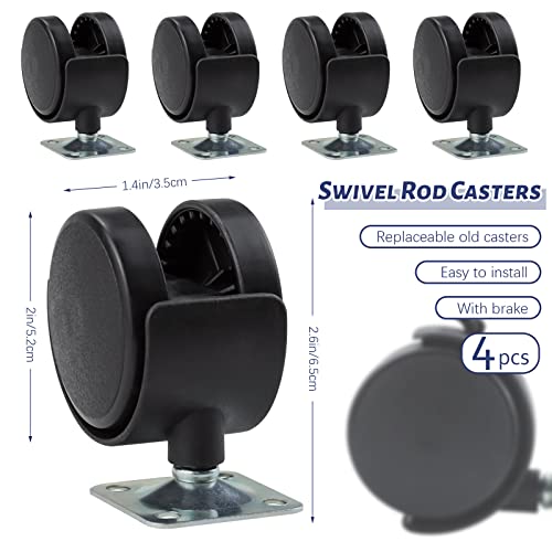 4 Pack 2 Inch Plastic Furniture Casters, Nylon Swivel Plate Casters with Brakes for Furniture, Table, Cabinet, Shelf