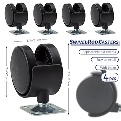 4 Pack 2 Inch Plastic Furniture Casters, Nylon Swivel Plate Casters with Brakes for Furniture, Table, Cabinet, Shelf