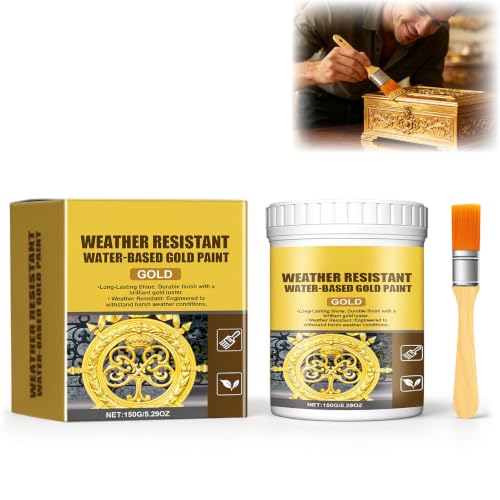 Weather Resistant Water Based Gold Paint, Gold Leaf Effect, Outdoor Gold Paint for Metal, Wood, Stone, Brilliant Shine, 5.29oz
