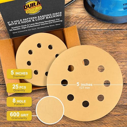 Dura-Gold 5" Gold Sanding Discs, 600 Grit, Box of 50, 8 Hole Pattern, H & L - size: 600-Grit - Gold